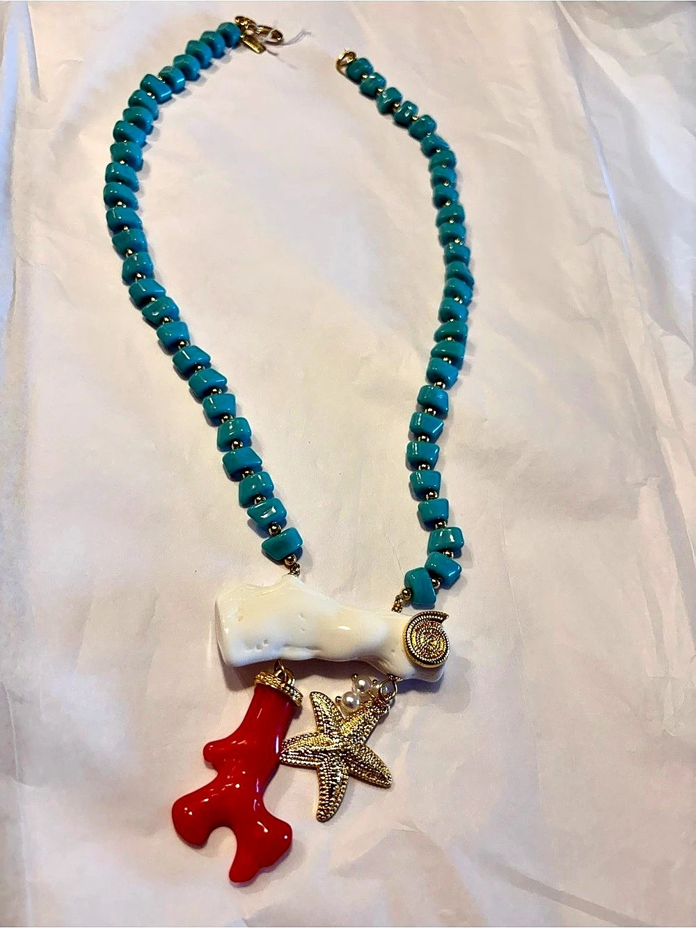 Kenneth Jay Lane Blue & Red Beaded Pendant Necklace